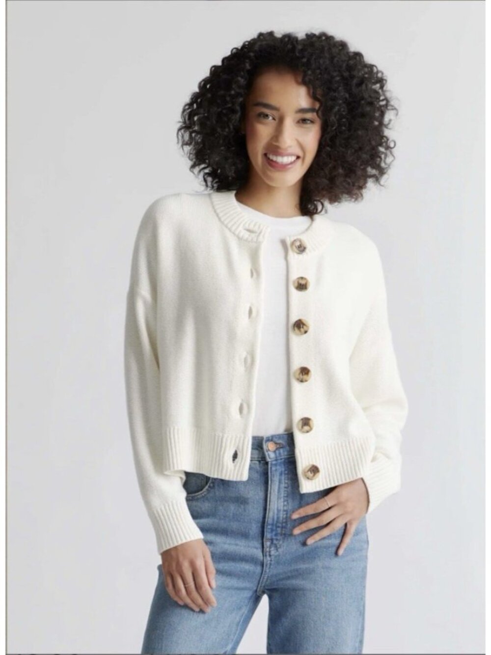 Quince 100% Organic Cotton Cropped Cardigan Ivory Size XS - Picture 3 of 16